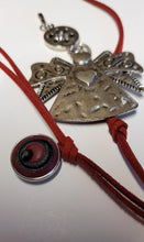 Load image into Gallery viewer, Red ultra sued necklace with detachable Angel; pendant and snap
