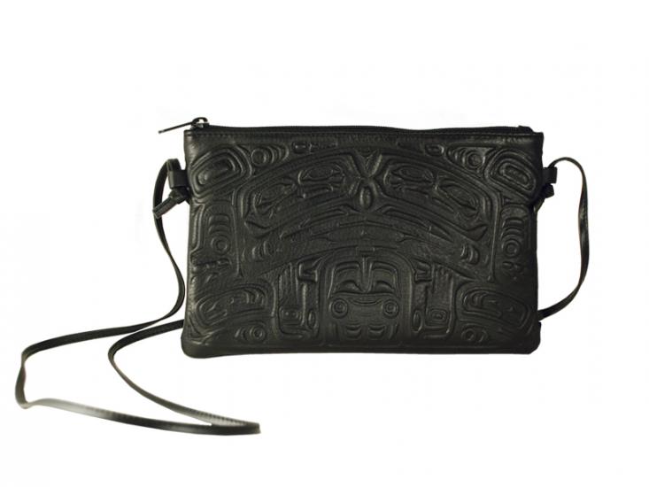 Black Leather Crossbody bag with embossed Bear Box design by Bill Helin
