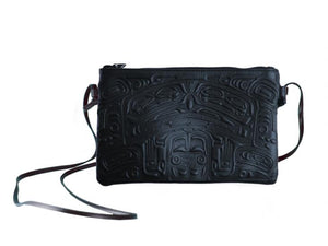 Navy Leather Crossbody bag with embossed Bear Box design by Bill Helin