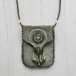 Sage green Leather and Beaded Amulet Necklace