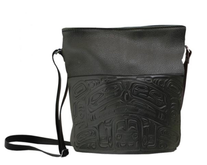 Embossed Black Leather Bear Box Handbag with design by Tlingit artist, Clifton Fred