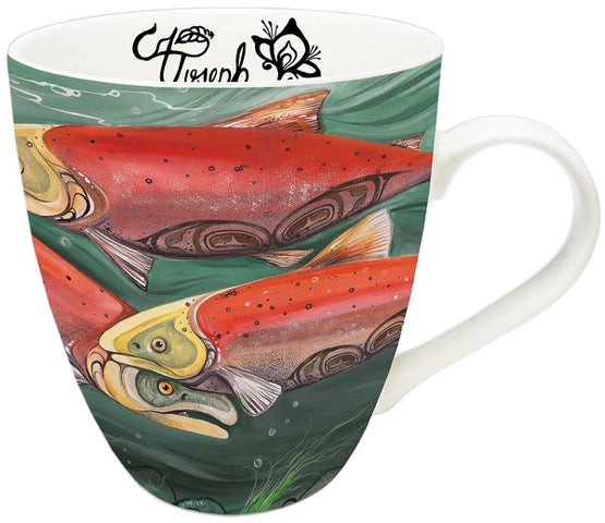 Salmon Run 18 oz mug, art by Metis artist Carla Joseph